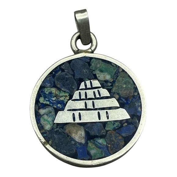 VINTAGE STERLING SILVER PRESSED TURQUOISE HECHO EN MEXICO PENDANT - Picture 2 of 3